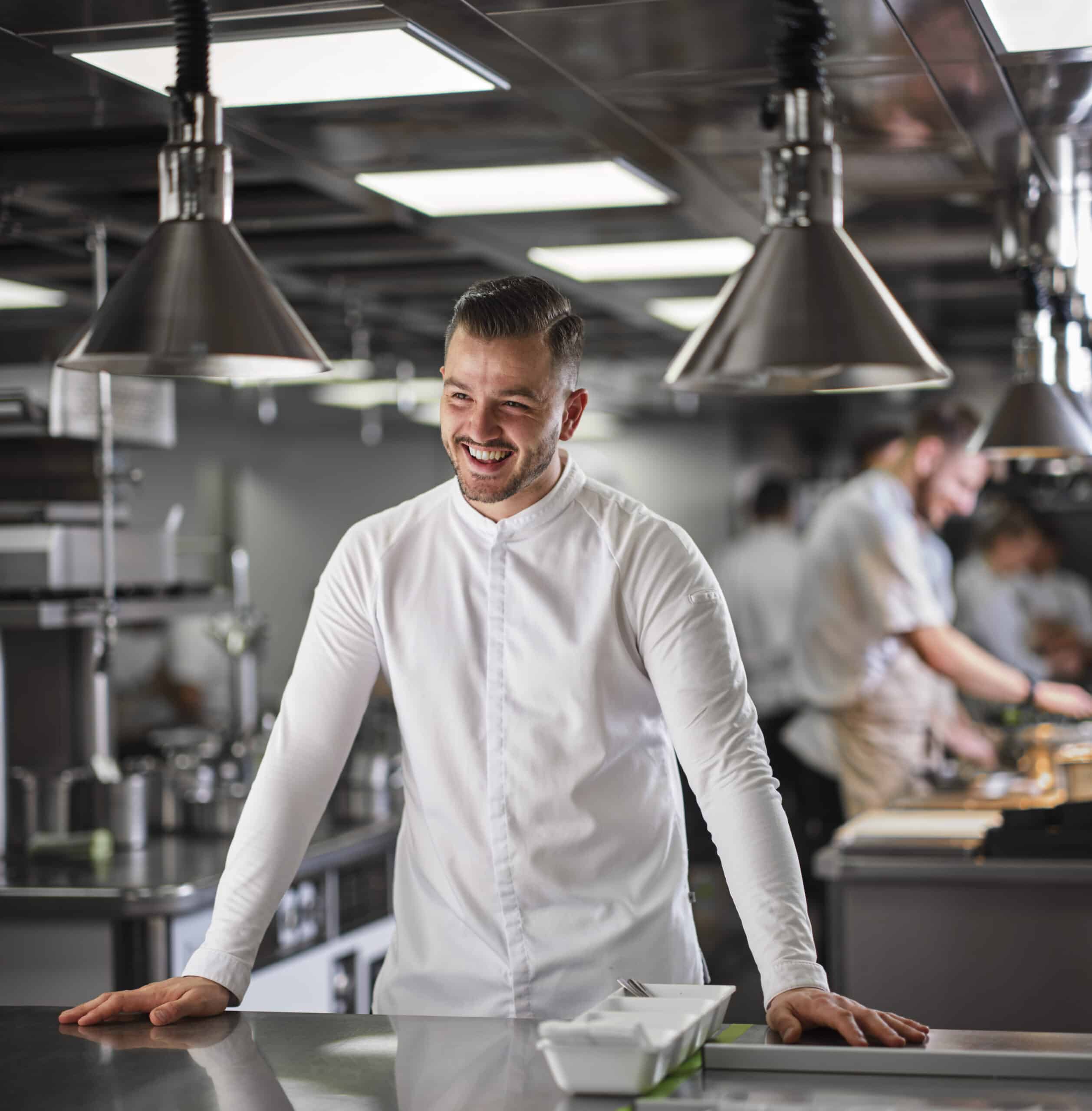 Portrait of Executive Head Chef Ricki Weston in his chef whites at Whatley Manor