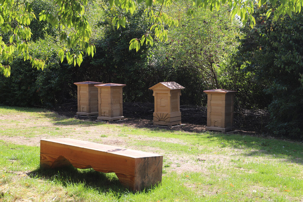 Artisan French oak beehives custom built by Buscott Woodworking situated in the wildflower grounds of Whatley Manor